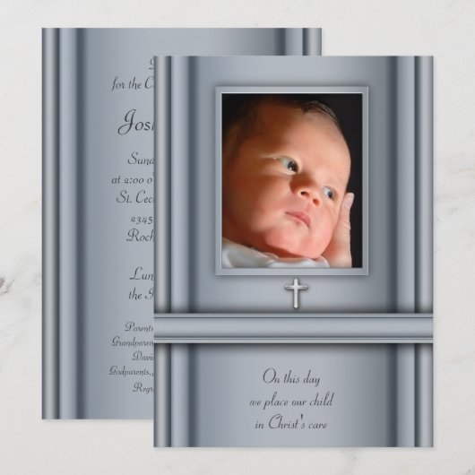 Blauwe foto Baby Boy Doopuitnodigingen Kaart (Voorkant / Achterkant)