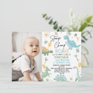 Blauwe foto ballonnen Dinosaurus thema 1e verjaard Kaart