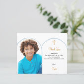 Blauwe foto boogjongen Eerste Communie Bedankt kaa (Staand voorkant)