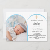 Blauwe foto boogjongen kruis Doop Kaart (Voorkant)