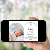 Blauwe foto boogjongen kruis Doop Kaart