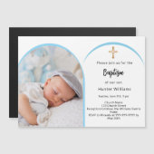 Blauwe foto boogjongen kruis Doop Magnetische Uitnodiging (Voorkant / Achterkant)