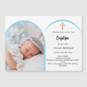 Blauwe foto boogjongen kruis Doop Magnetische Uitnodiging (Voorkant)