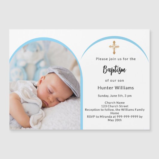 Blauwe foto boogjongen kruis Doop Magnetische Uitnodiging (Voorkant)