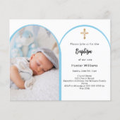 Blauwe foto boogjongen kruis Doopsel uitnodiging (Voorkant)