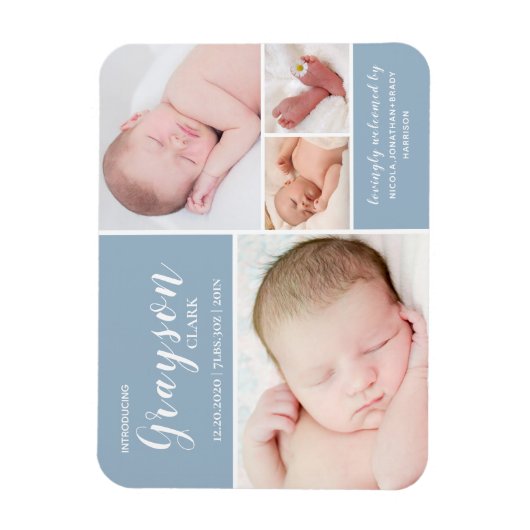 Blauwe foto Collage Baby Boy Birth Announding Magneet (Verticaal)