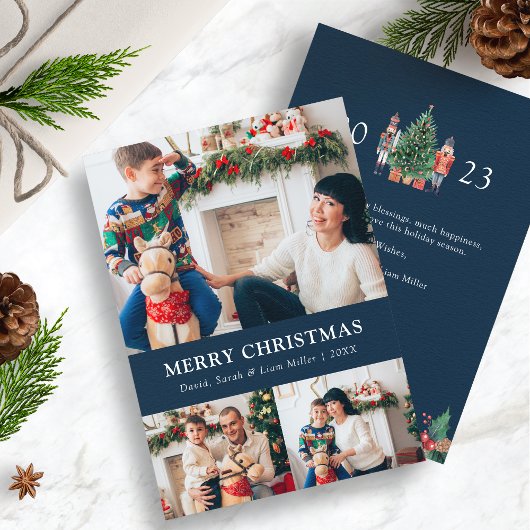 Blauwe foto-collage kerstkaart