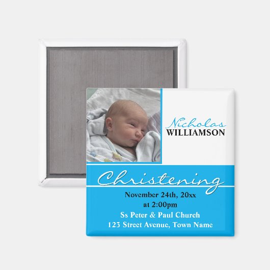 Blauwe foto doopsel of doop uitnodiging magneet (Voorkant / Achterkant)