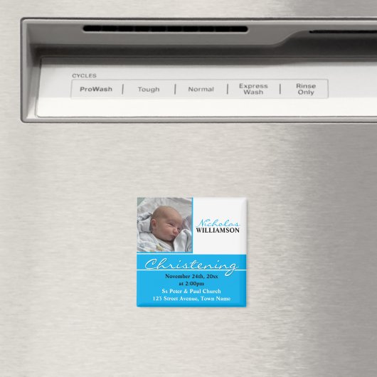 Blauwe foto doopsel of doop uitnodiging magneet (Insitu (Vaatwasser))