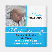 Blauwe foto doopsel of doop uitnodiging magneet (Voorkant)