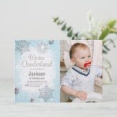 Blauwe foto Glitter Winter ONEderland Uitnodiginge Kaart (Staand voorkant)