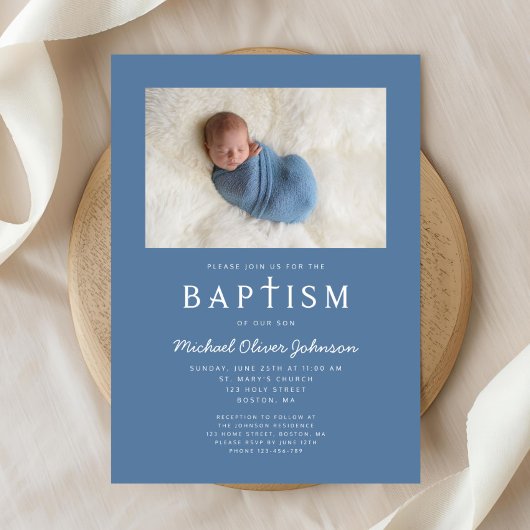 Blauwe Foto Religieus Kruis Jongen Doop Kaart