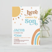 Blauwe foto retro hier komt de zon 1e verjaardag kaart (Staand voorkant)