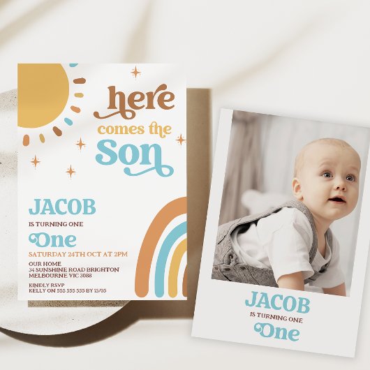 Blauwe foto retro hier komt de zon 1e verjaardag kaart