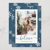 Blauwe foto Snowflake Believe Feestdagenkaart (Voorkant / Achterkant)