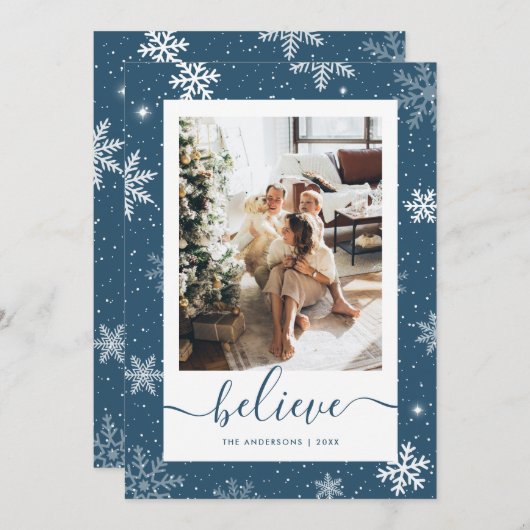 Blauwe foto Snowflake Believe Feestdagenkaart (Voorkant / Achterkant)