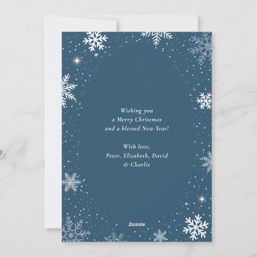 Blauwe foto Snowflake Believe Feestdagenkaart (Achterkant)