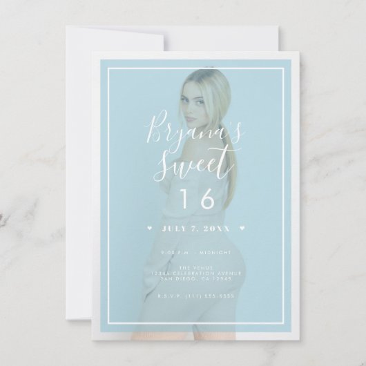 Blauwe foto Tint Overlay 2 Modern Minimal Sweet 16 Kaart (Voorkant)