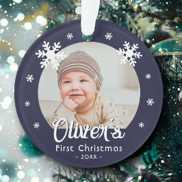 Blauwe foto van baby's eerste kerstcadeautjes ornament