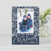 Blauwe foto van Merry kerst Navy Feestdagenkaart (Staand voorkant)