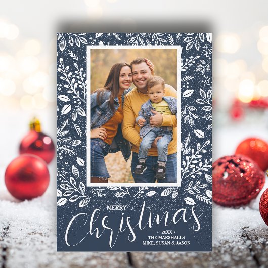 Blauwe foto van Merry kerst Navy Feestdagenkaart