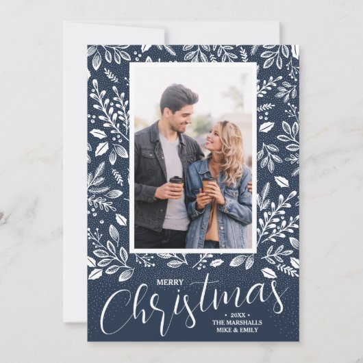 Blauwe foto van Merry kerst Navy Feestdagenkaart (Voorkant)