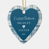 Blauwe foto voor eerste kerstfeest keramisch ornament (Links)