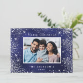 Blauwe foto zilveren sparkle kerstkaart (Staand voorkant)