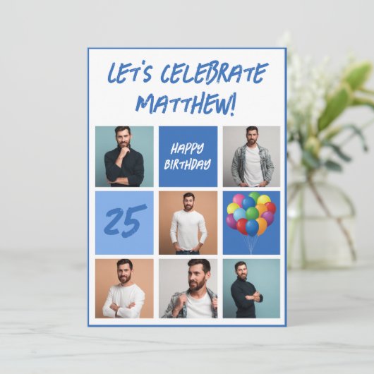 Blauwe fotocollage gepersonaliseerd verjaardagsfee kaart (Staand voorkant)