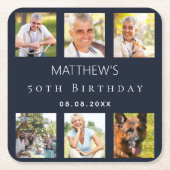 Blauwe fotocollage verjaardagsfeestje kartonnen onderzetters (Voorkant)