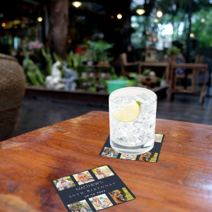 Blauwe fotocollage verjaardagsfeestje kartonnen onderzetters