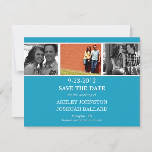 Blauwe fotogreep bewaart de datum waarop het wordt save the date (Voorkant)