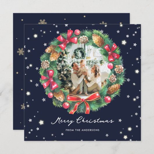 Blauwe fotosterren Snowflakes met prettig kerstfee Feestdagenkaart (Voorkant / Achterkant)