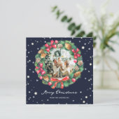 Blauwe fotosterren Snowflakes met prettig kerstfee Feestdagenkaart (Staand voorkant)