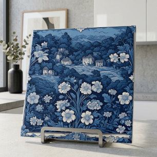 Blauwe Franse bloemmotief Toile De Jouy botanische Tegeltje