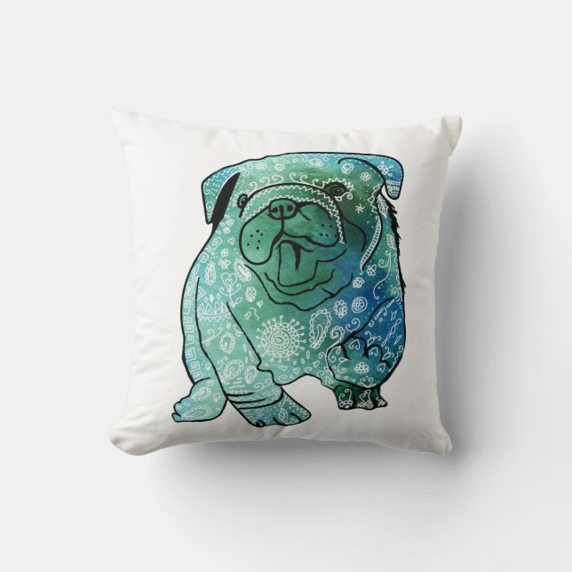 Blauwe Franse Bulldog Art Gooi Kussen (Voorkant)