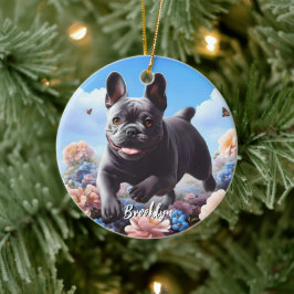 Blauwe Franse Bulldog & Bloemen Keramisch Ornament