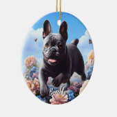 Blauwe Franse Bulldog & Bloemen Keramisch Ornament (Rechts)