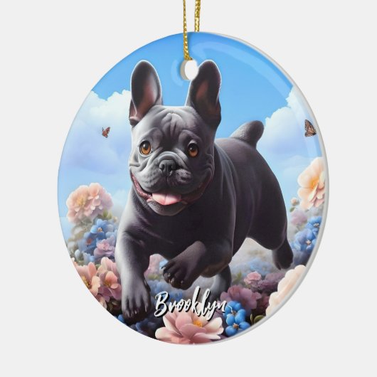 Blauwe Franse Bulldog & Bloemen Keramisch Ornament (Links)