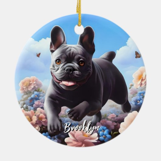 Blauwe Franse Bulldog & Bloemen Keramisch Ornament (Achterkant)