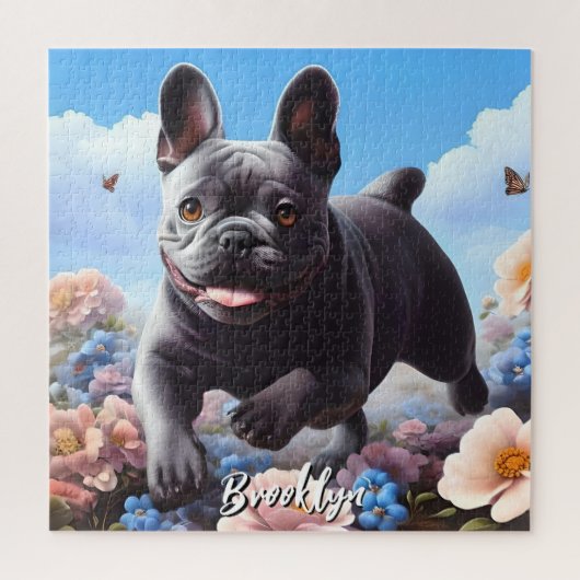 Blauwe Franse Bulldog & Bloemen Legpuzzel (Verticaal)