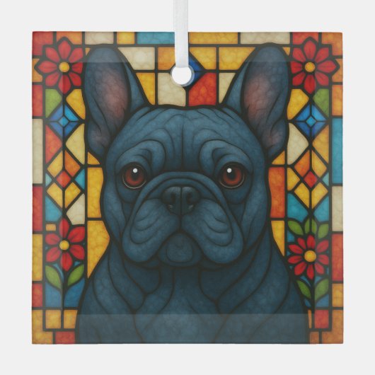 Blauwe Franse Bulldog "Glas in lood" Glas Ornament (Voorkant)