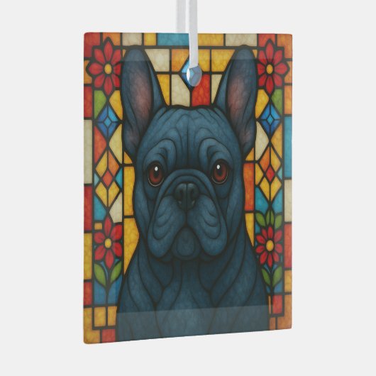 Blauwe Franse Bulldog "Glas in lood" Glas Ornament (Voorkant Rechts)