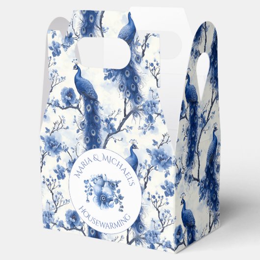 Blauwe Franse Chinoiserie Peacock bruiloft Bedankdoosjes (Geopend)