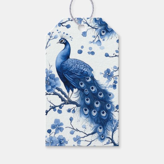 Blauwe Franse Chinoiserie Peacock Waterverf Cadeaulabel (Voorkant)