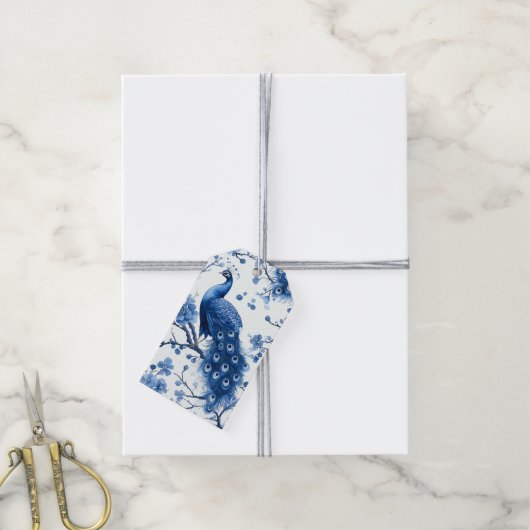  Blauwe Franse Chinoiserie Peacock Waterverf Cadeaulabel (Met Touw)