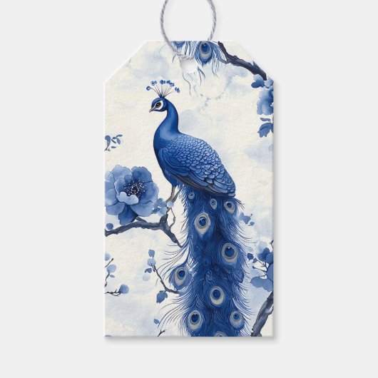 Blauwe Franse Chinoiserie Peacock Waterverf Cadeaulabel (Voorkant)