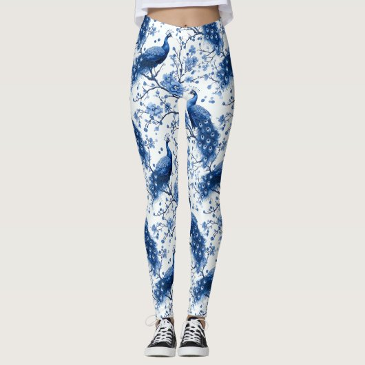  Blauwe Franse Chinoiserie Waterverf Pauw Leggings (Voorkant)