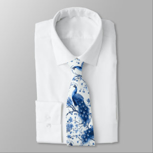 Blauwe Franse Chinoiserie Waterverf Pauw Stropdas