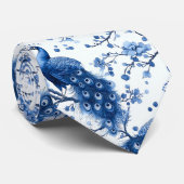 Blauwe Franse Chinoiserie Waterverf Pauw Stropdas (Opgerold)